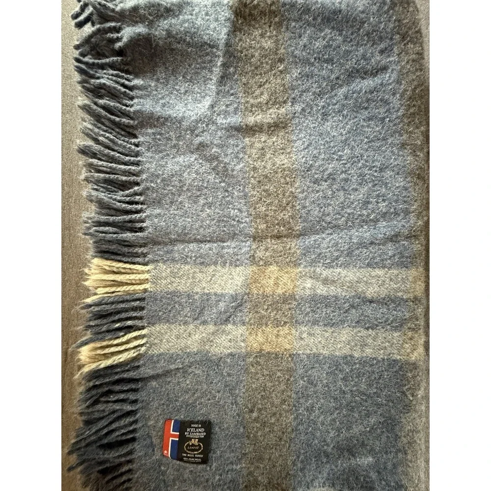 Samband Landau Wool Throw Blanket Plaid Blue Grey Made in Iceland OS